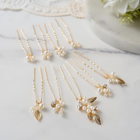 Wedding Hair Accessories Pearl Rhinestone Leaf Pins Set for Brides Bridesmaids main image 6